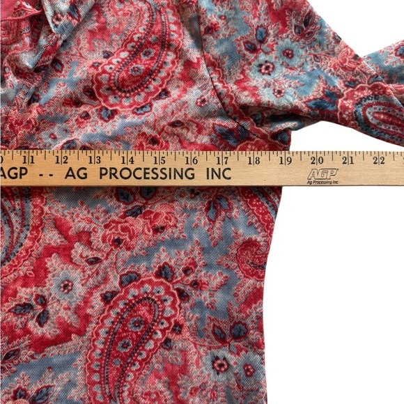 CHAPS Denim Paisley Ruffle XL Boho Lace-Up Blouse Romantic Western Festival G15 - Picture 5 of 10